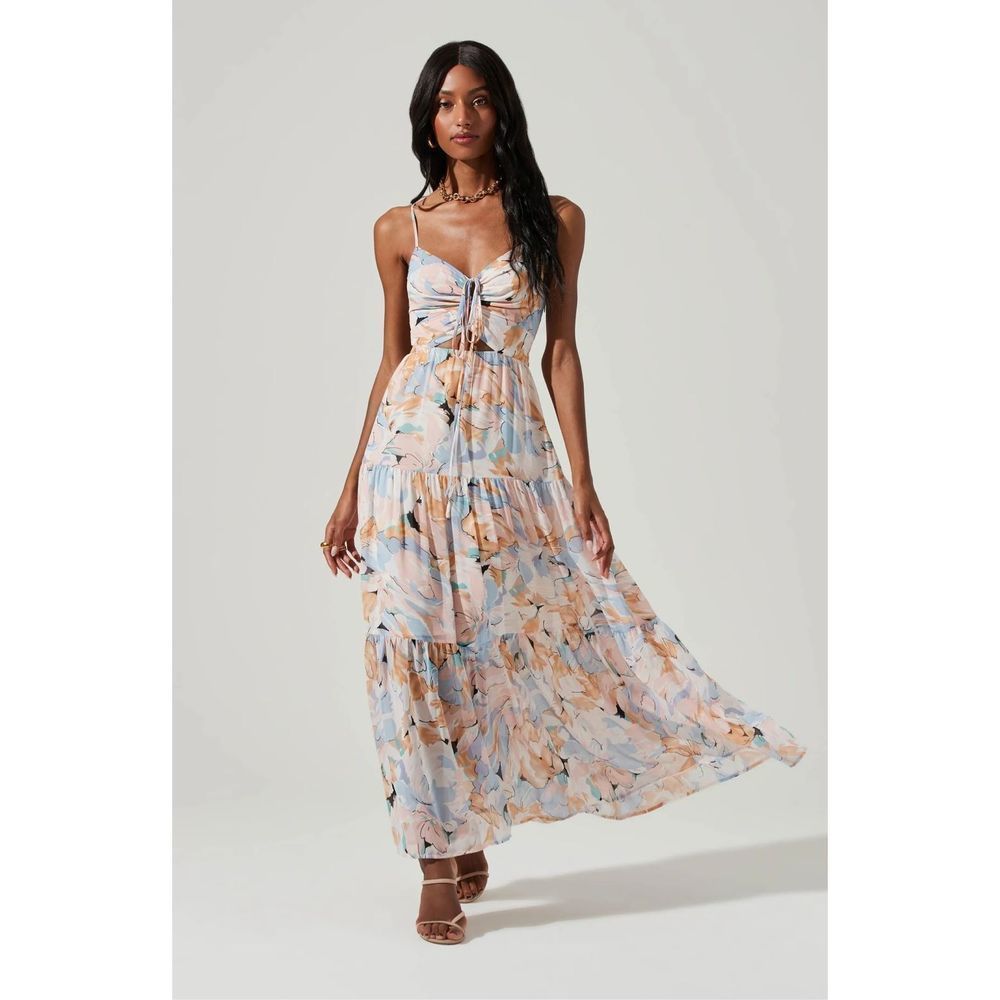 Astr Floral Tiered Maxi Dress in Pastel Blue & Peach